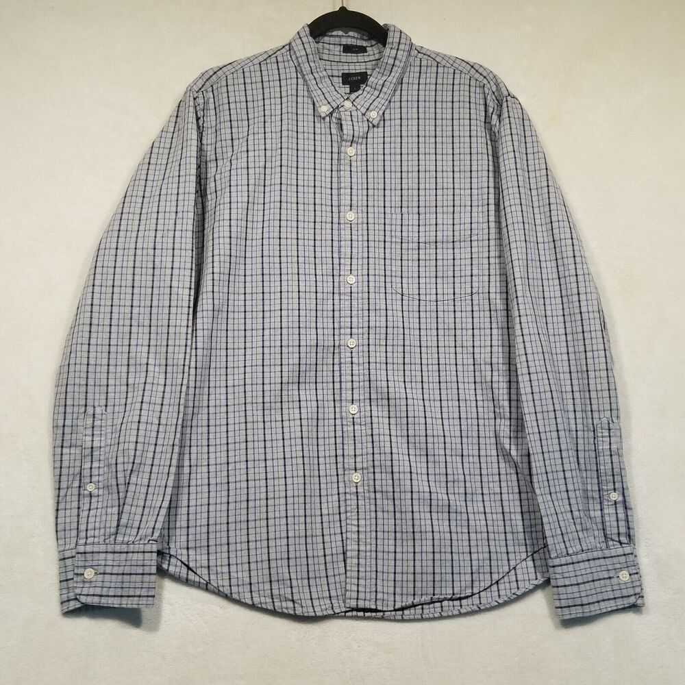 J Crew Mens Large Shirt Button Down Slim Cotton Gray Blue Plaid Classic Office